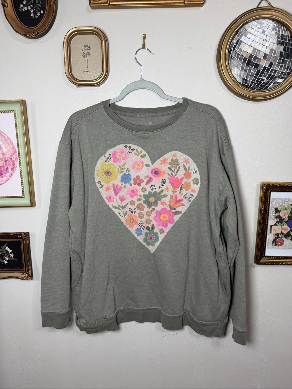 NATURAL LIFE Sage Green Heart Floral Crewneck Sweatshirt